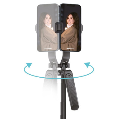 Suporte para telemóvel preto com função giratória e tripé
