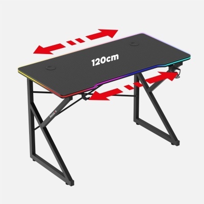 Secretária gaming preta com borda LED colorida e estrutura metálica