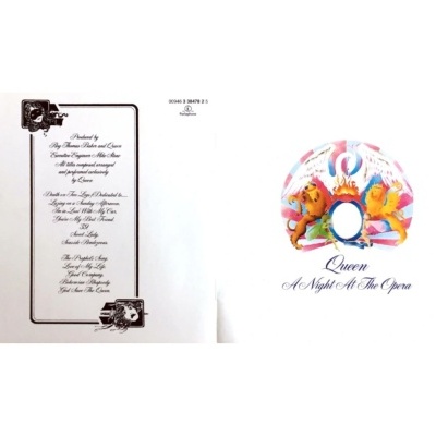 Capa de CD dupla branca com texto preto e círculo colorido com personagens e texto Queen A Night At The Opera
