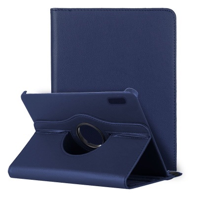 Capa azul escura para tablet com suporte rotativo.