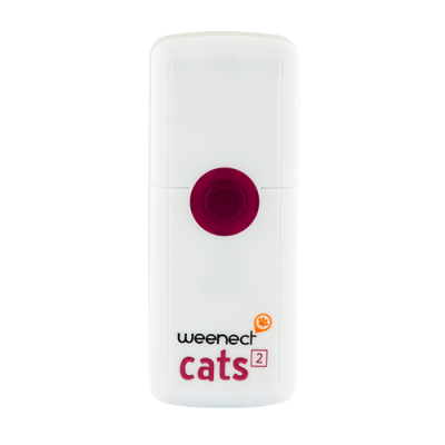 Pen drive USB branco com botão vermelho-púrpura e texto 'weenect cats 2'