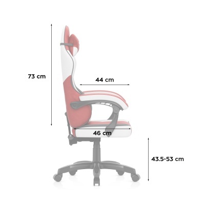 Cadeira vermelha e branca para escritório ou gaming com rodas e ajuste de altura.