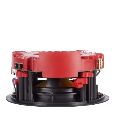 Coluna de som encastrável preta e vermelha com cone amarelo