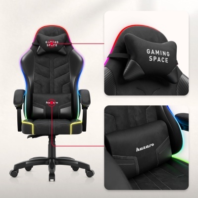 Cadeira gaming preta com almofadas e iluminação RGB