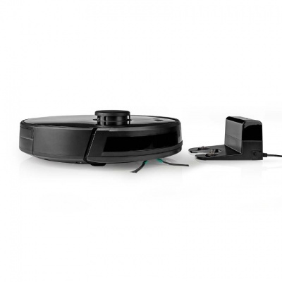 Aspirador robô preto com base de carregamento preta em fundo branco