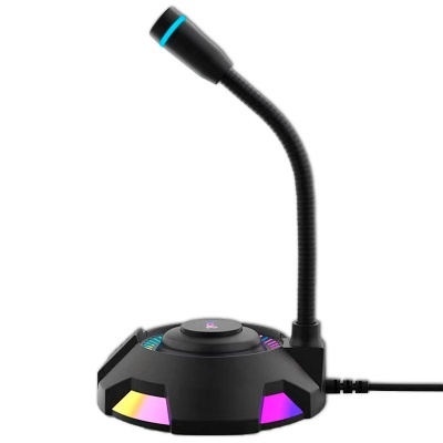 Microfone de mesa preto com luzes RGB e braço flexível