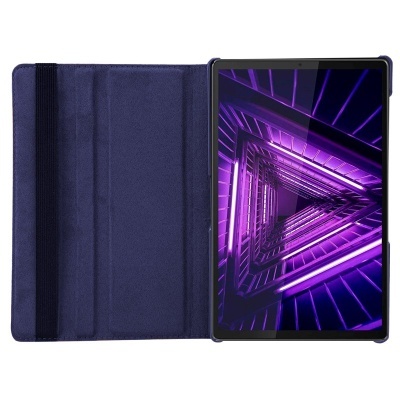 Tablet com capa azul aberta mostrando ecrã com padrão geométrico roxo