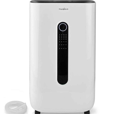 Desumidificador branco com painel frontal preto e mangueira