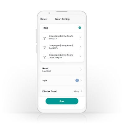 Ecrã de smartphone branco com aplicação Smart Setting aberta