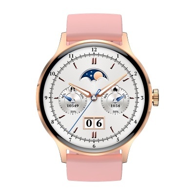 Relógio inteligente rosa com mostrador branco e detalhes dourados