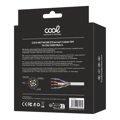Embalagem preta com texto branco de cabo Ethernet CAT6 de 15 metros da marca Cool