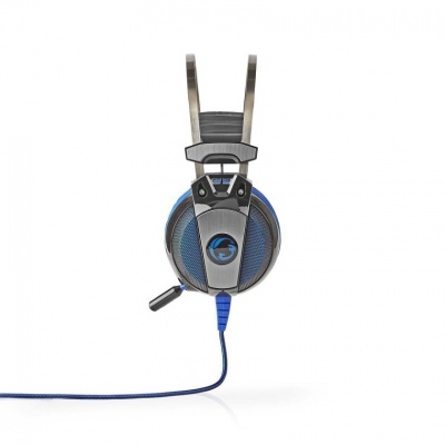Auricular tipo headset azul com microfone e suspensão metálica