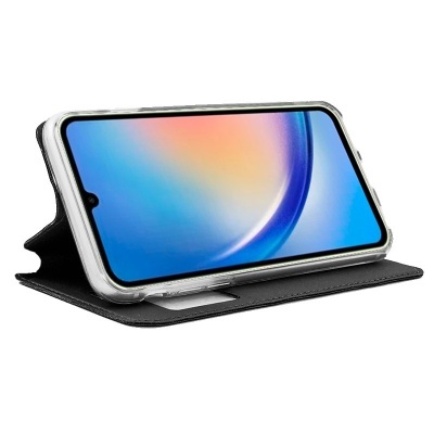 Smartphone com ecrã colorido num suporte de capa carteira preta