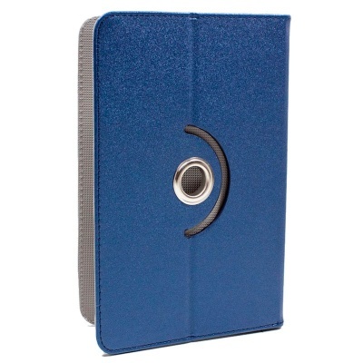 Capa de tablet azul com abertura circular metálica e corda preta