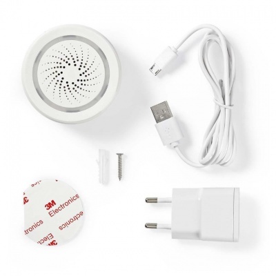 Dispositivo circular branco com cabo USB, adaptador de corrente e acessórios de montagem