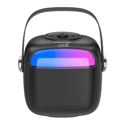 Coluna portátil preta com visor LED azul e rosa