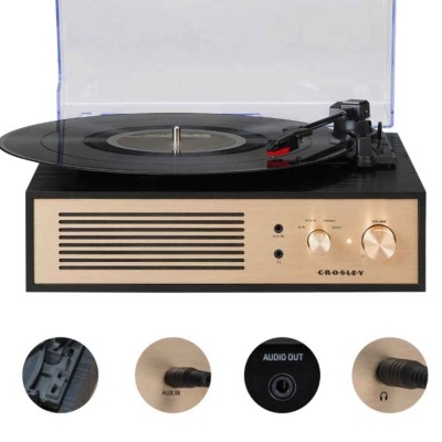 Tocadiscos Crosley com disco vinil preto e tampa transparente
