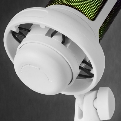 Microfone de estúdio branco e verde com base ajustável