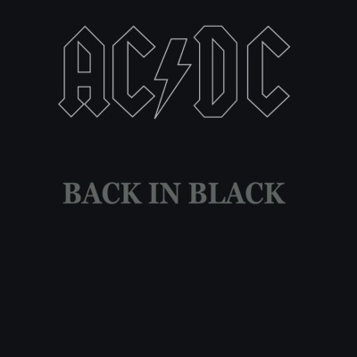 Capa de álbum preta com texto AC/DC e BACK IN BLACK em cinzento