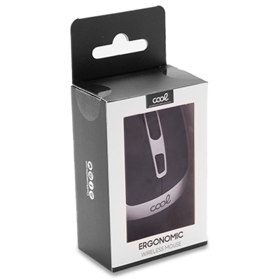 Rato sem fios ergonómico preto e cinza em embalagem de cartão com janela