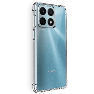 Smartphone azul claro Honor com capa transparente e câmara tripla