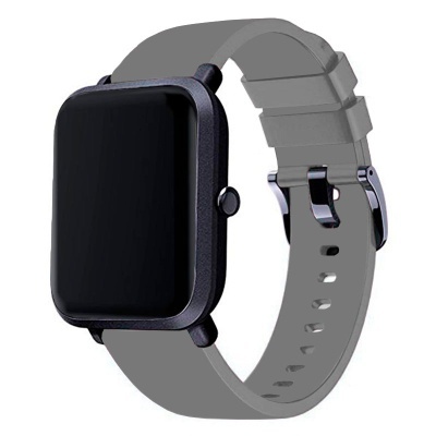 Relógio inteligente quadrado com ecrã preto e pulseira cinzenta