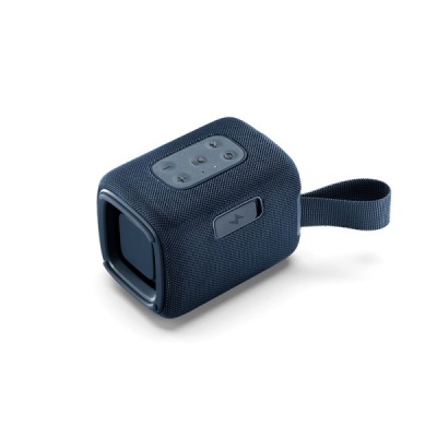 Coluna Bluetooth portátil azul escuro com botões e pega de transporte