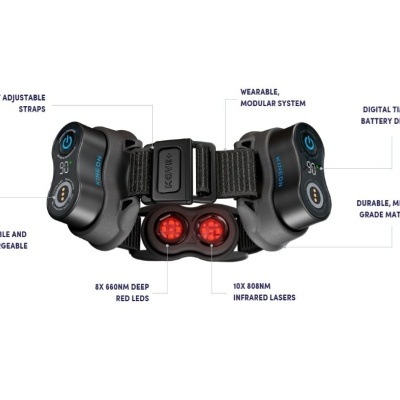 Dispositivo wearable preto com tela digital, LEDs vermelhos e tiras ajustáveis