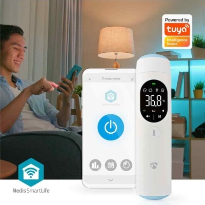 Termómetro digital branco com ecrã LED a mostrar 36.8°C e smartphone com aplicação Nedis SmartLife