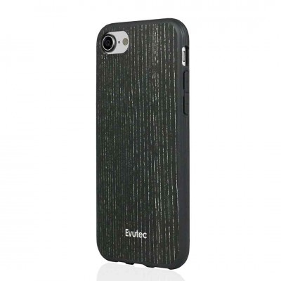 Capa protetora para smartphone preta com acabamento em madeira escura texturizada e marca Evutec