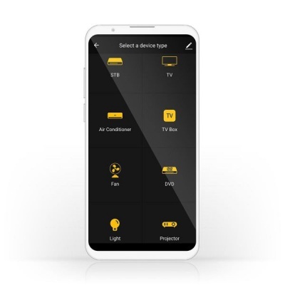 Smartphone branco com ecrã tátil mostrando opções de dispositivos numa aplicação
