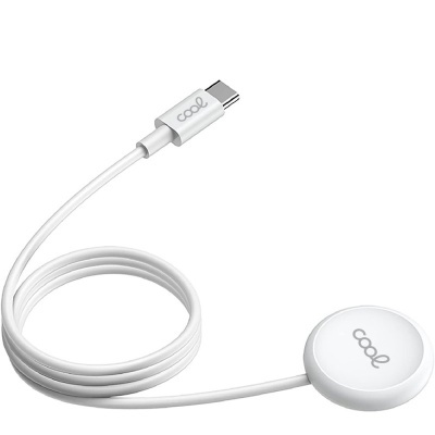 Cabo USB-C branco com disco redondo e logotipo cool
