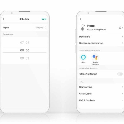 Dois smartphones brancos com ecrãs de app de controlo de aquecedor exibindo horários e configurações.