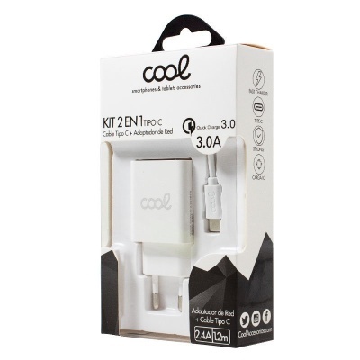 Kit 2 em 1 cabo Tipo C e adaptador de rede branco da marca Cool em embalagem