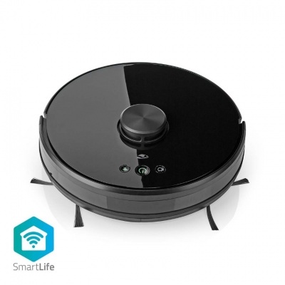 Aspirador robô preto redondo com escovas laterais e indicador Wi-Fi SmartLife