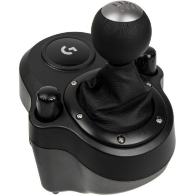 Joystick de simulação de condução preto com pega prateada e botões pretos.