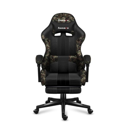 cadeira gaming preta com padrão camuflado e apoio de cabeça