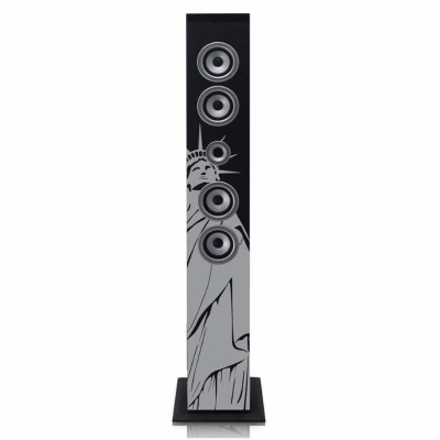 Coluna de som preta com Estátua da Liberdade em cinza