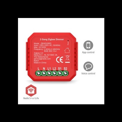 Dimmer Zigbee 2 Gang vermelho com especificações técnicas detalhadas e conexões elétricas