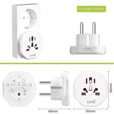 Adaptador de tomada universal branco com várias vistas e dimensões