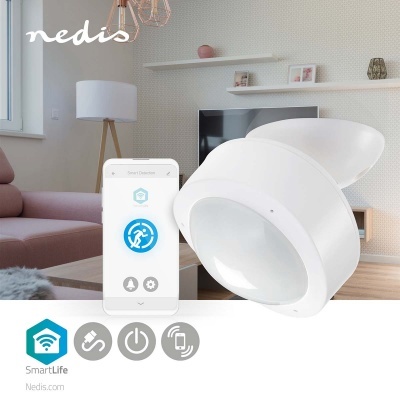 Sensor de movimento branco Nedis em sala com mobiliário moderno e smartphone