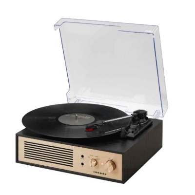 Gira-discos Crosley preto com tampa acrílica aberta