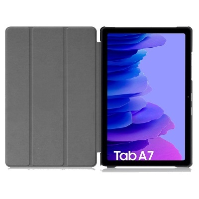 Tablet Samsung Galaxy Tab A7 com capa cinzenta aberta e ecrã azul e roxo