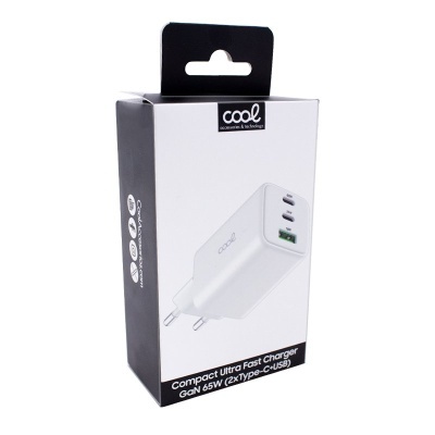Carregador rápido compacto branco Cool GaN 65W com 2 portas na embalagem