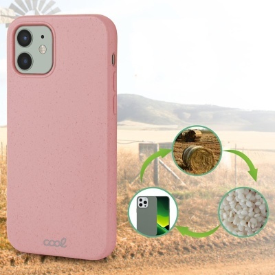 Capa de telemóvel rosa em material reciclado com fundo agrícola