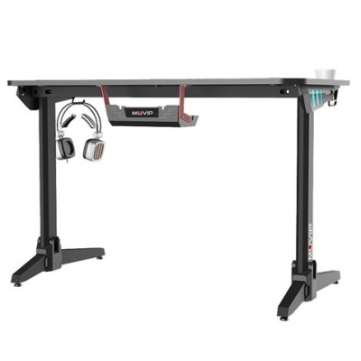 Mesa de computador preta com suporte para auscultadores e copo