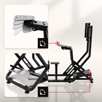 Estrutura metálica preta ajustável para suporte de volantes ou pedais