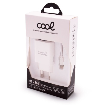Kit carregador 2 em 1 branco da marca Cool para smartphones e tablets em embalagem branca