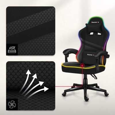 Cadeira gaming preta com iluminação RGB e almofadas de apoio