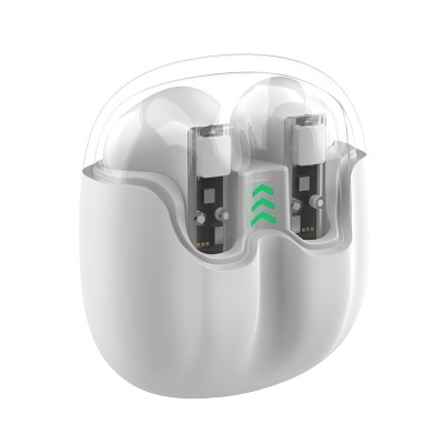 Auriculares wireless brancos com estojo de carregamento transparente